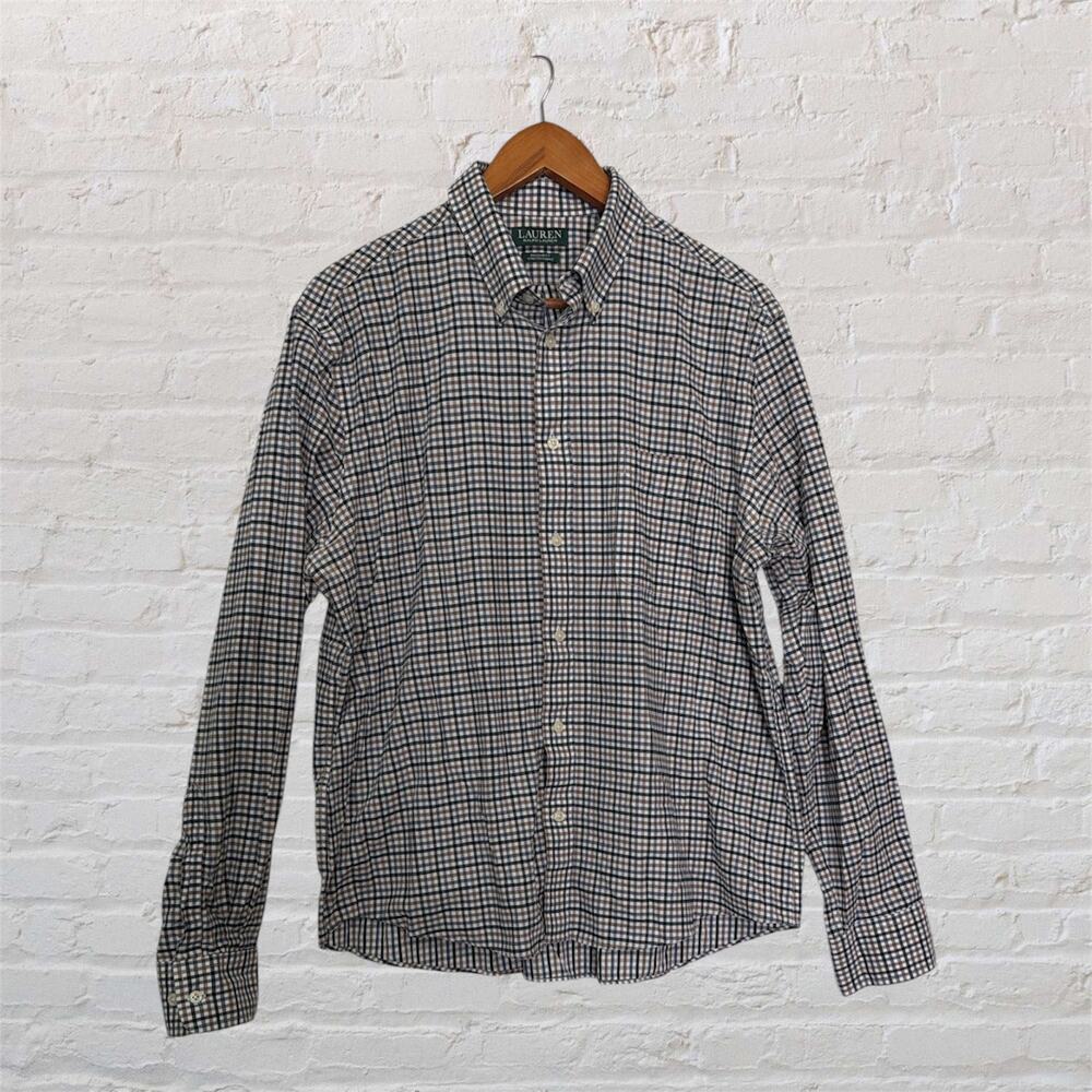Lauren Ralph Lauren Men's Blue Brown Plaid Button Down‎ Shirt Large Classic Fit